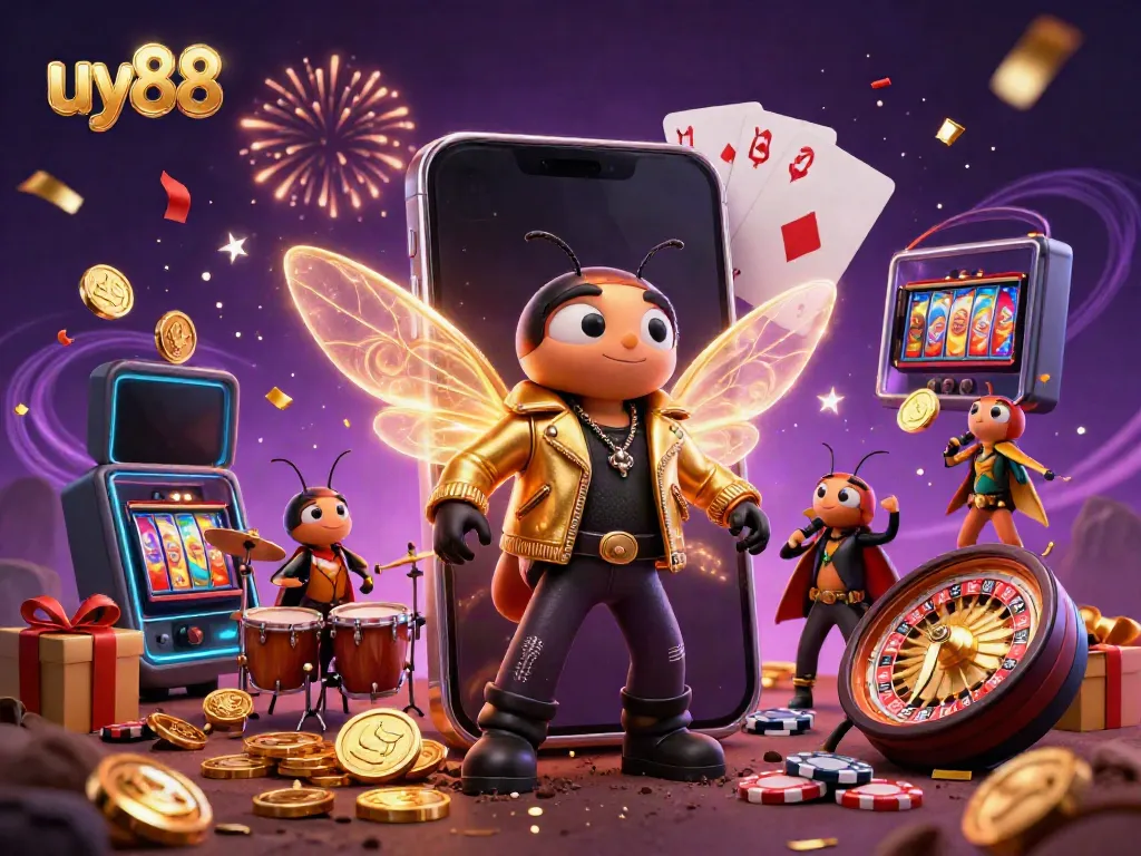 Experience the excitement of uy88 with a vibrant 3D illustration showcasing a rock star cicada and dynamic casino elements.