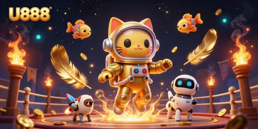 Experience the vibrant world of U888 with a charming astronaut cat and robot dog amidst casino wonders.