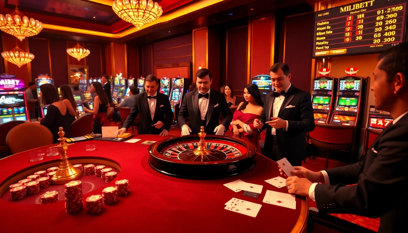 Mibet casino scene showcasing high-stakes poker and vibrant slot machines with elegant design.