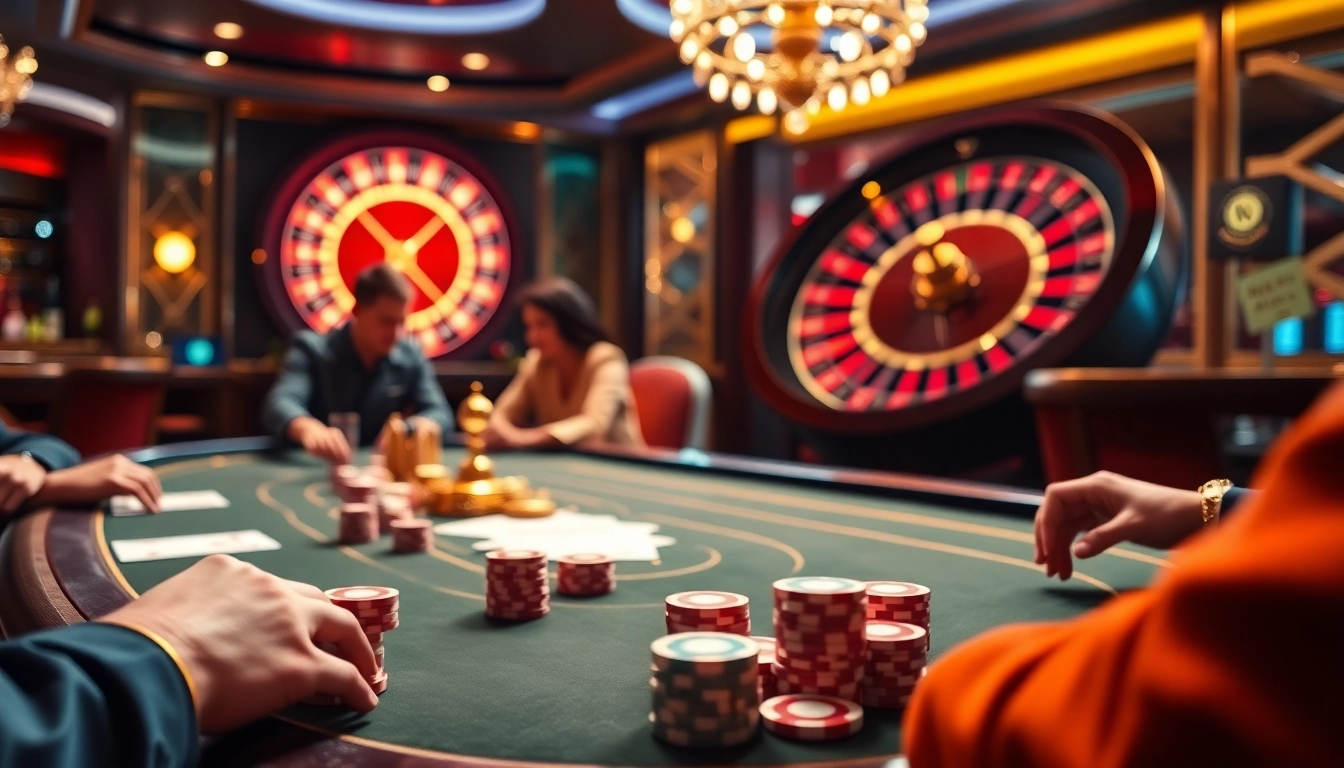 KJC poker players strategizing at a luxurious casino table with vibrant chips and cards.
