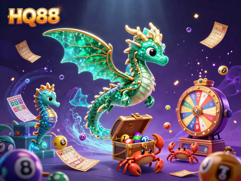 Experience thrilling gaming at HQ88, where emerald sea dragons and vivid lottery elements create an enchanting atmosphere.