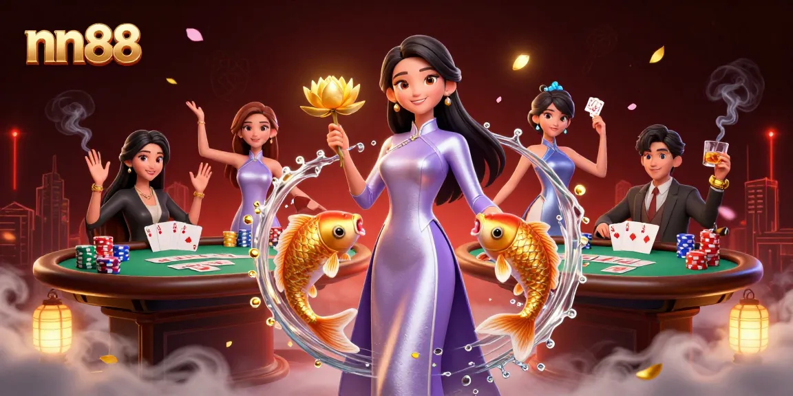 Engage in thrilling poker action with nn88, showcasing an elaborate 3D casino scene filled with excitement.
