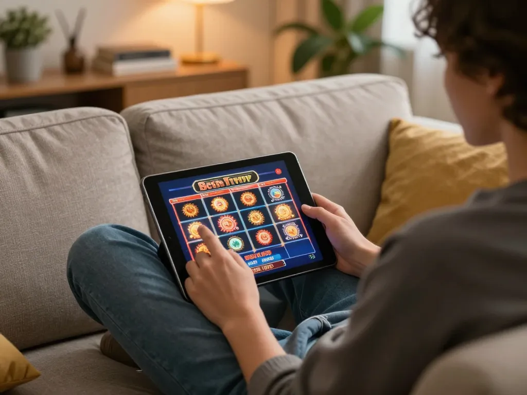 Player enjoying slots at home using https://gnk88.com/ tablet, comfortable living room atmosphere