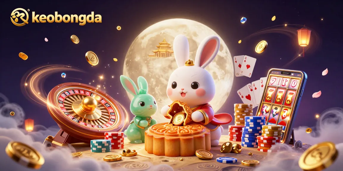 Engage with keobongda's unique features through a dynamic illustration of moon rabbits and casino elements.
