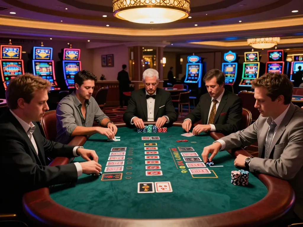 S666 players engaging at a blackjack table in a vibrant Vegas casino, showcasing strategic gameplay.