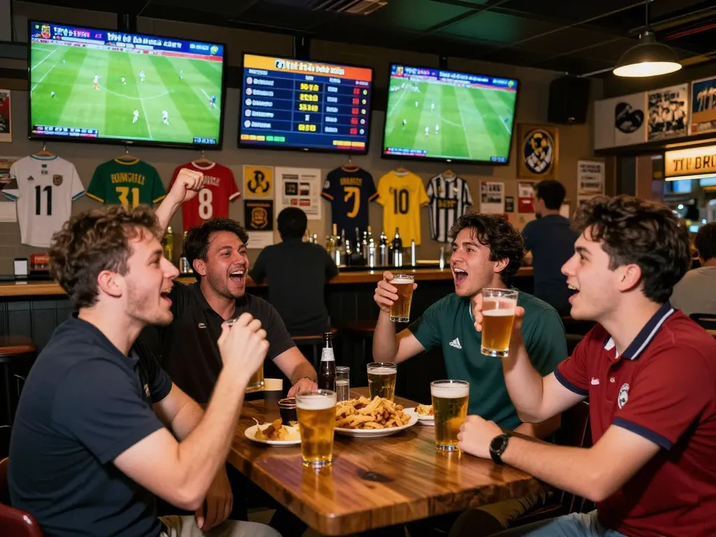 Tỷ lệ kèo bóng đá displayed at a lively sports bar with fans cheering.