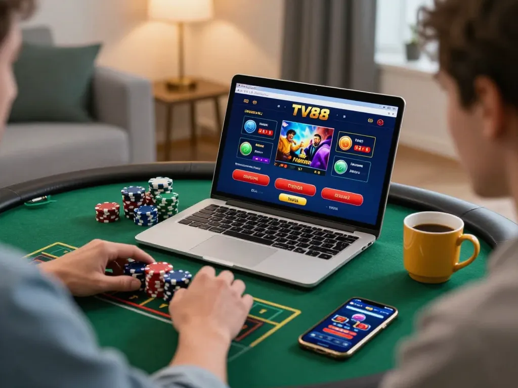 Player engaged in online gambling at TV88 casino site from home, showcasing focused gameplay with colorful gaming chips.