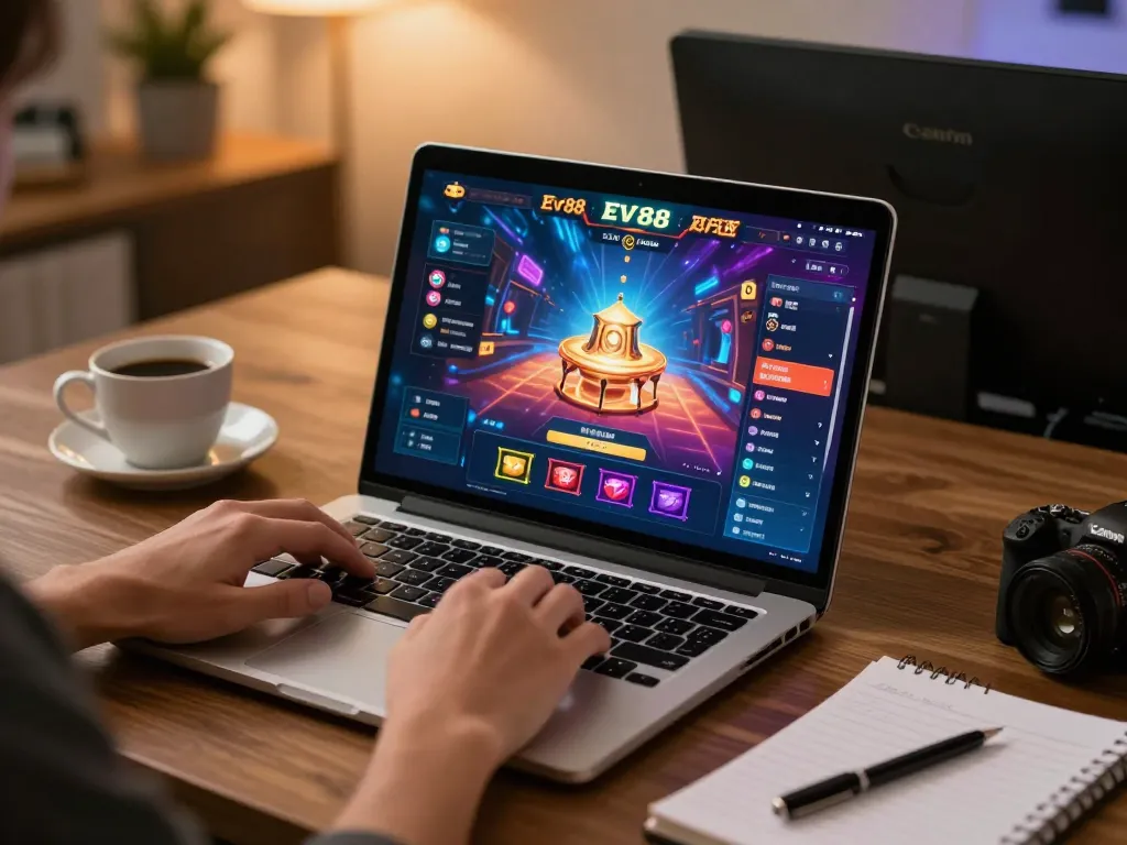 Engaging with Ev88 online casino gameplay on a sleek laptop setup, perfect for strategic gambling