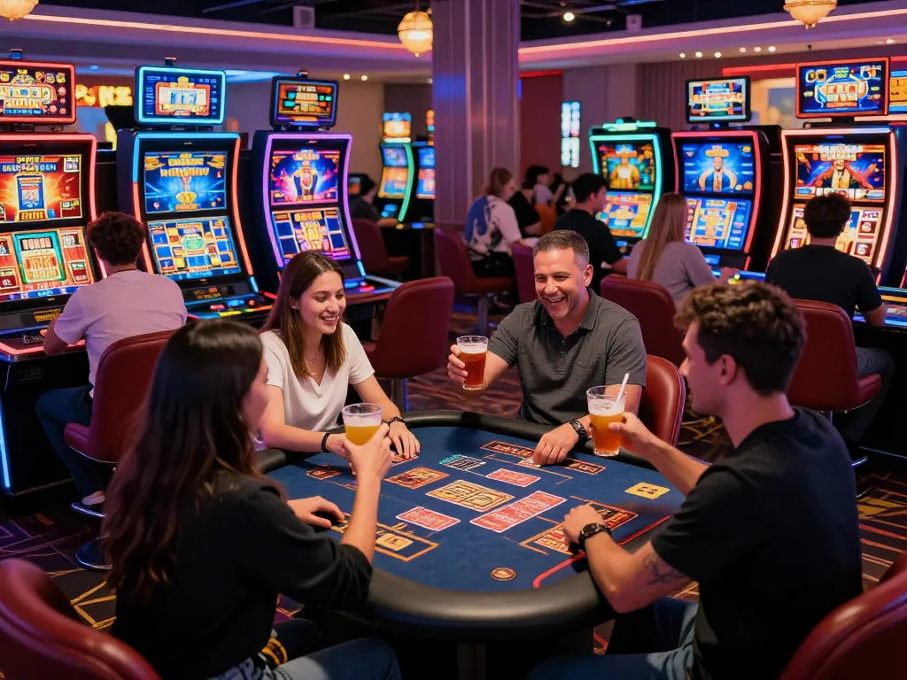 Players enjoying games at 789club's vibrant online casino environment with colorful slot machines and excited celebrations.