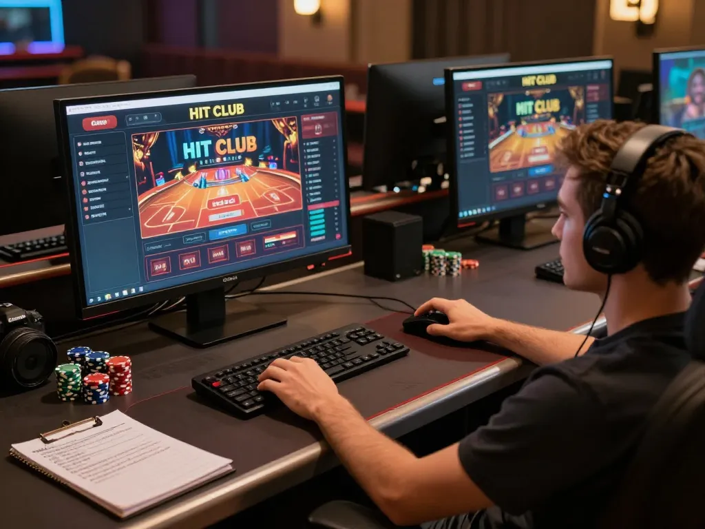 Engaging with HIT CLUB online casino interface while seated at a modern gaming desk.