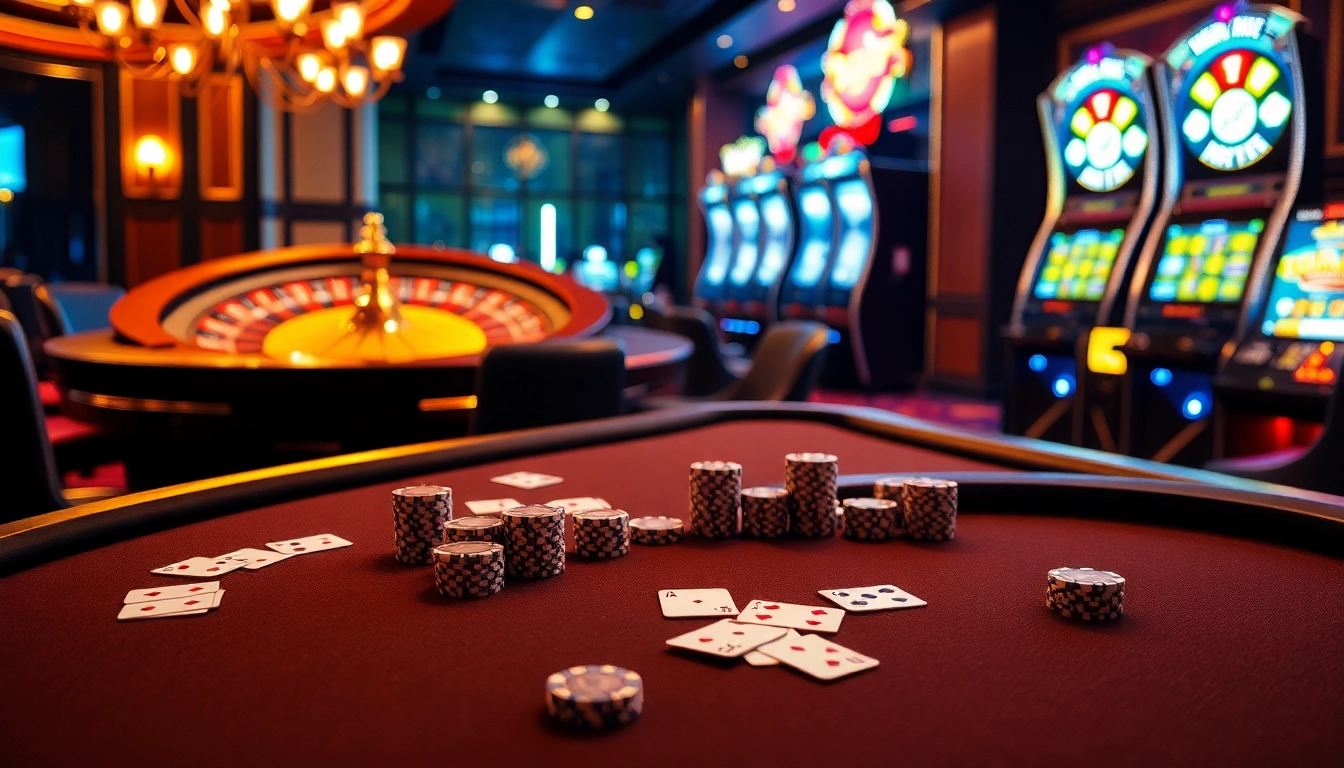Exciting gaming environment featuring LC88 BET poker table with vibrant chips and roulette wheel.