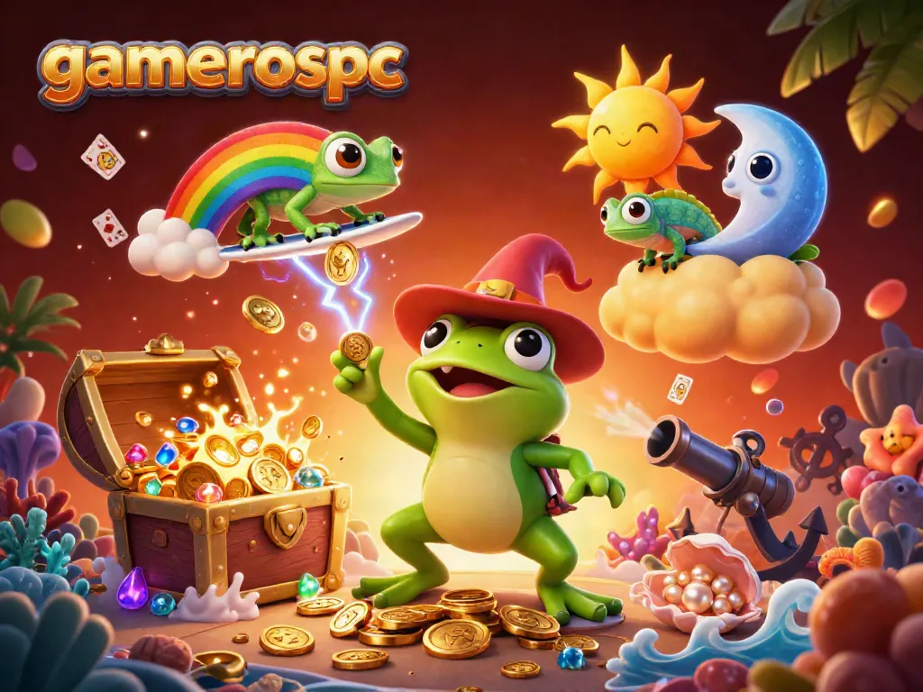 Engage in thrilling action at gamerospc with cartoon wizard frog conjuring golden coins and mystical creatures.