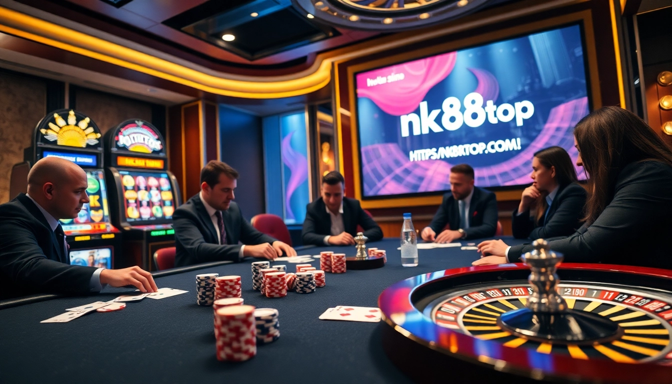 Engaged gamblers at a high-stakes poker table inspired by https://nk88top.com/ during an exciting game night.