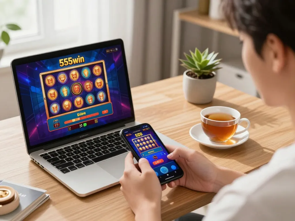 Engaging user experiencing 555win app for responsible online gaming in a cozy home.