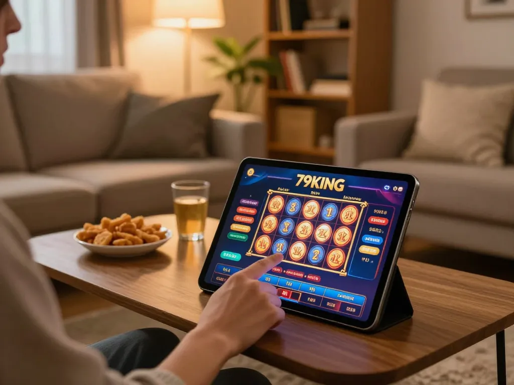 Engaging with 79KING's online casino app in a cozy home gaming setup.