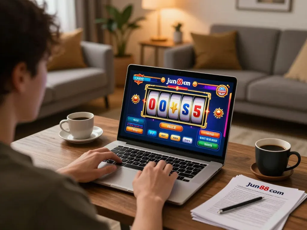 Player engaging with slots on jun88 com in a cozy home setup, showcasing online gaming excitement.