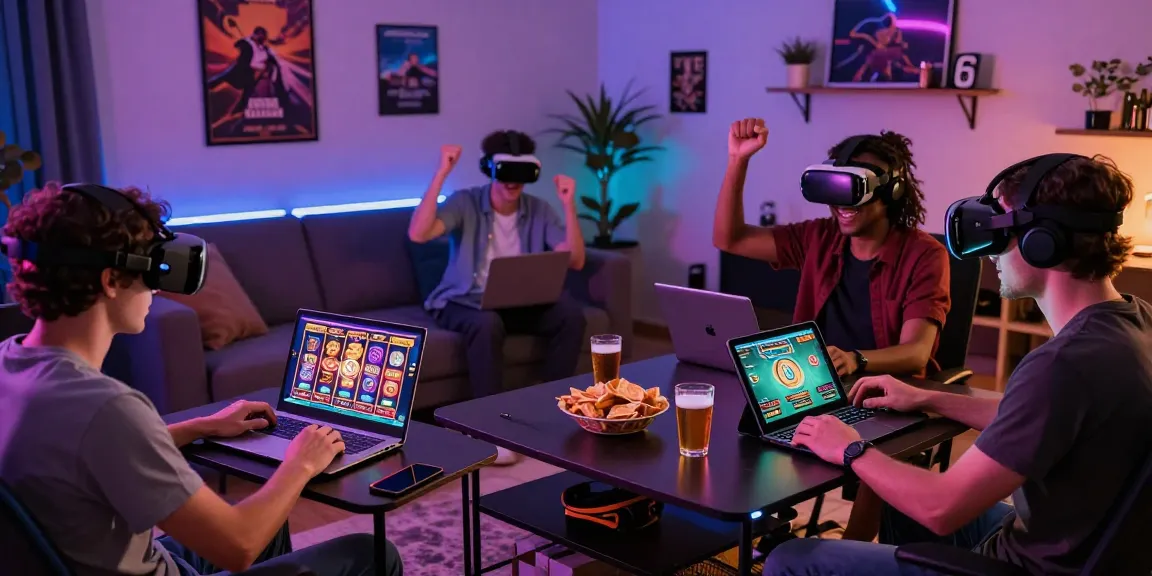Players engaging with various non UK casinos in modern home gaming setups, showcasing excitement and technology.