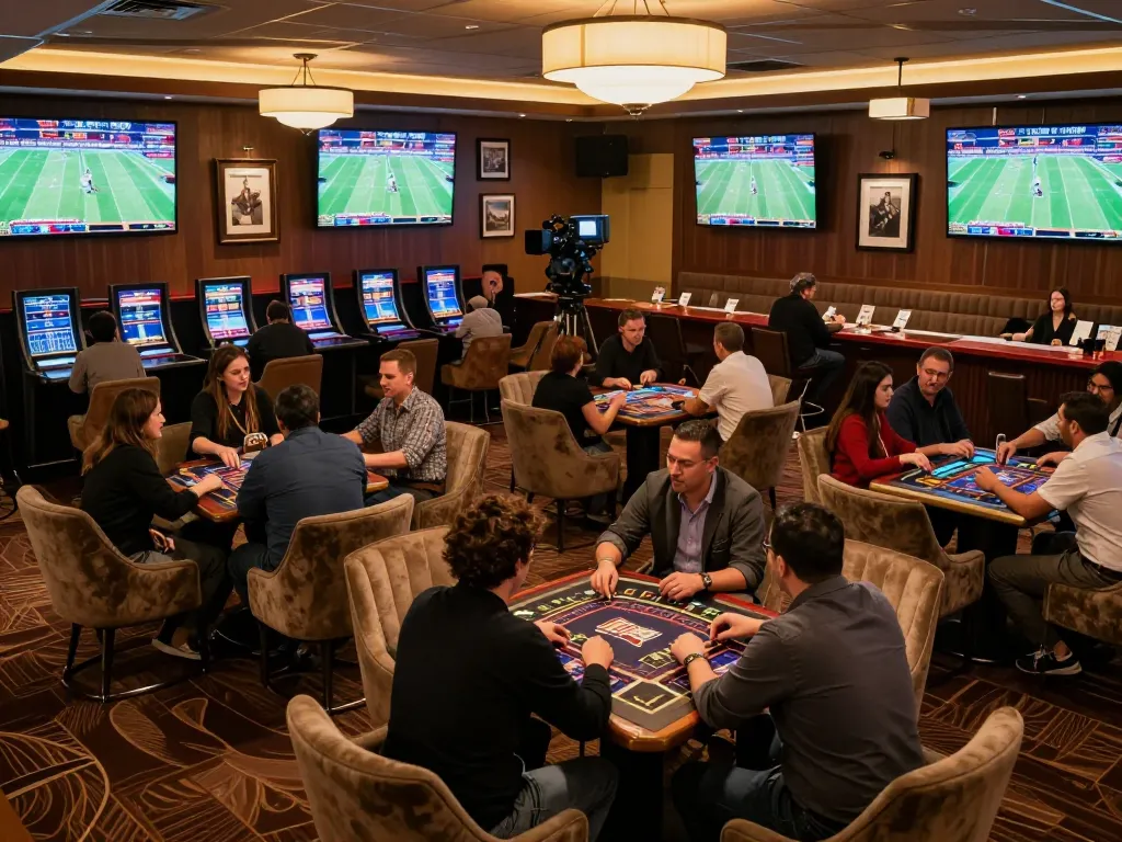 Engaged bettors strategizing at the Trang chủ DABET sports betting lounge, surrounded by vibrant screens.