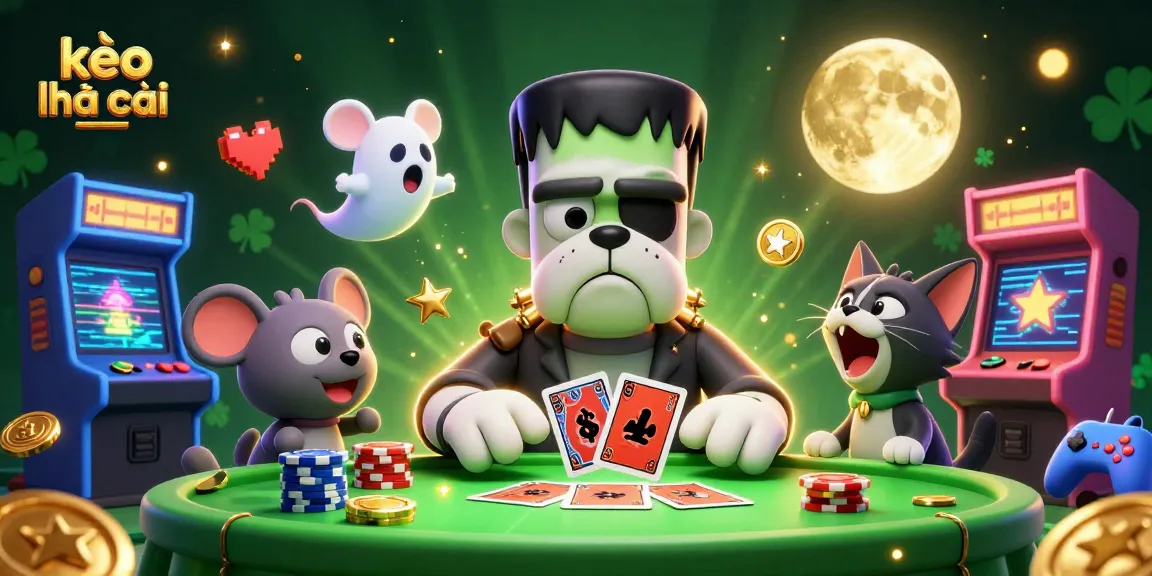 Join the fun with kèo nhà cái as a cartoon Frankenstein bulldog deals cards at a spooky casino table.