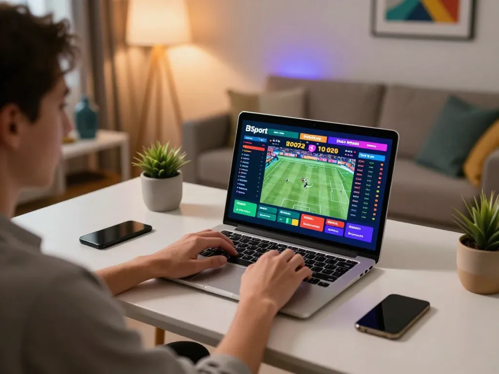 Person engaging in live sports betting on Bsport app at home, showcasing a dynamic gambling atmosphere