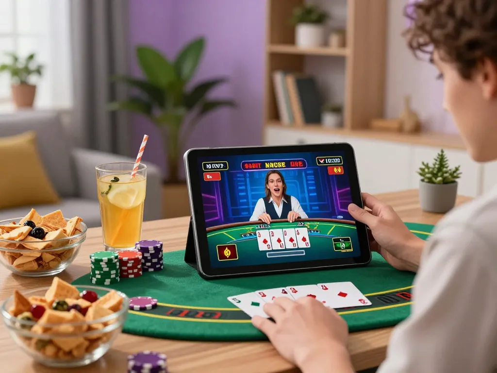 Person enjoying a mobile blackjack game with king79 cards on the tablet in a cozy setting.