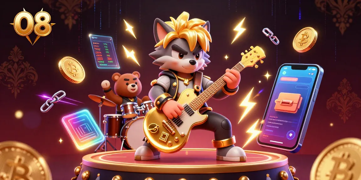 Experience exciting moments at O8 with a rock star wolf energizing the casino stage amidst cryptocurrencies.