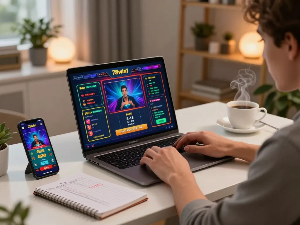 Casual player engaged in online gambling at home using 78win01 platform on laptop and smartphone.