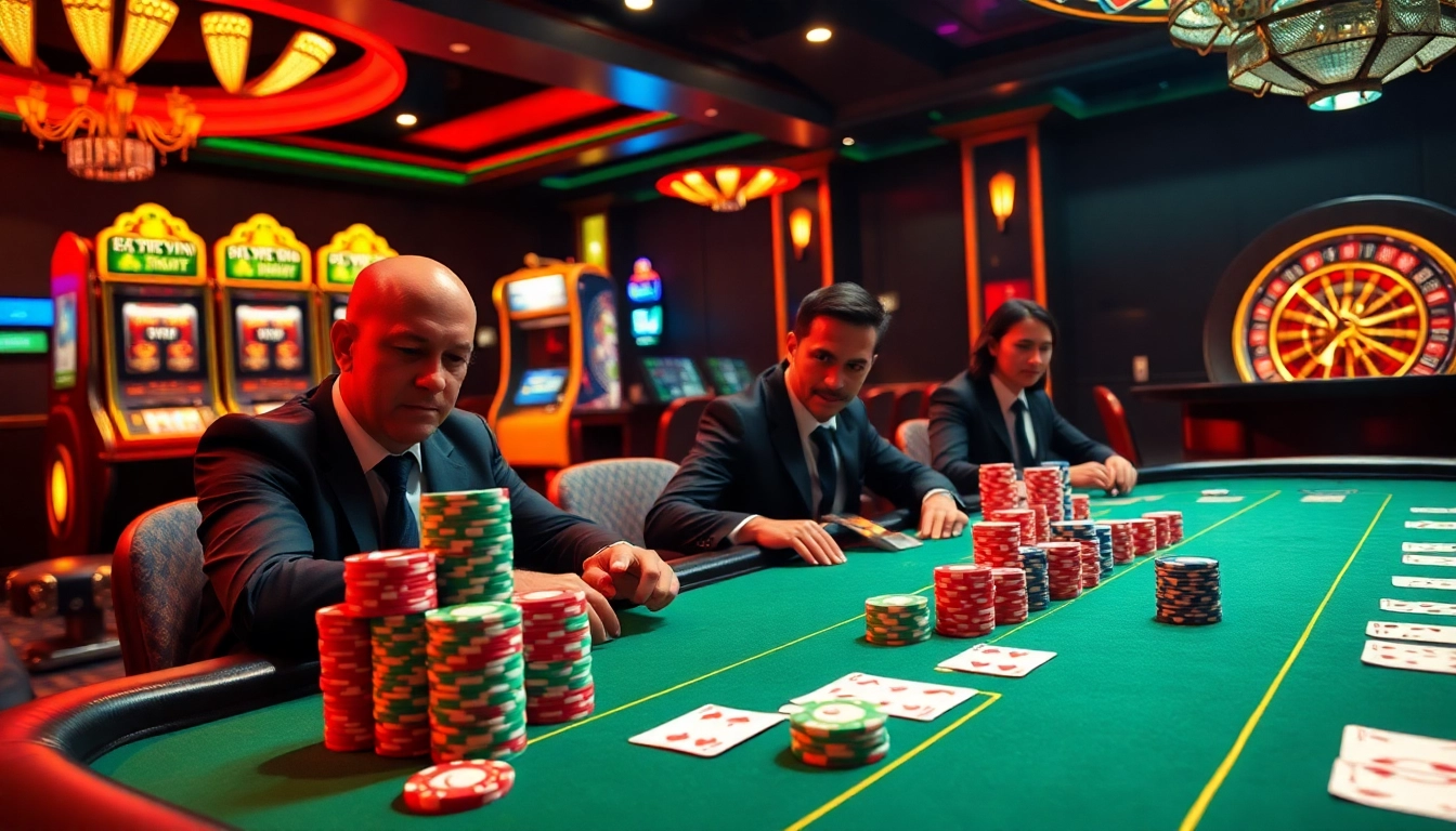 Excited players at a Haywin poker table engaged in high-stakes gameplay amidst colorful chips and glowing slot machines.
