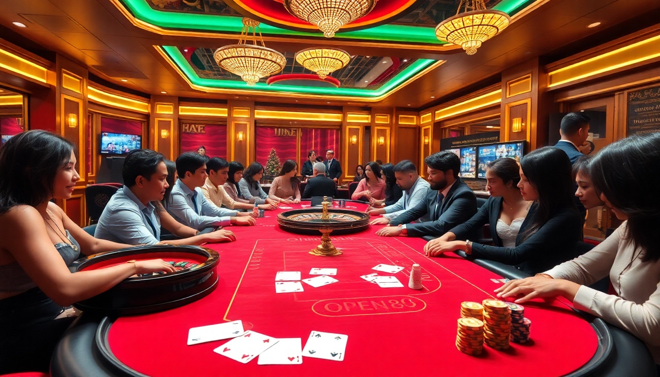 Experience the excitement of open88 with poker players betting at a glamorous casino table.