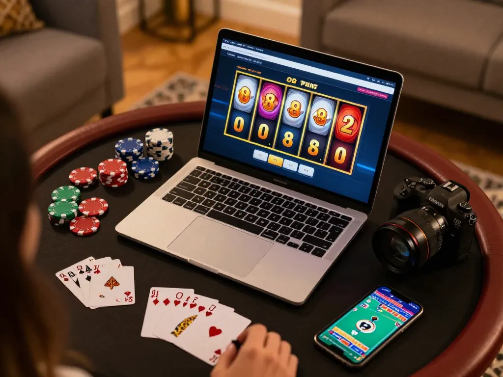 Engaging gameplay at O8 com with a laptop displaying vibrant slot reels aligning for a jackpot win.