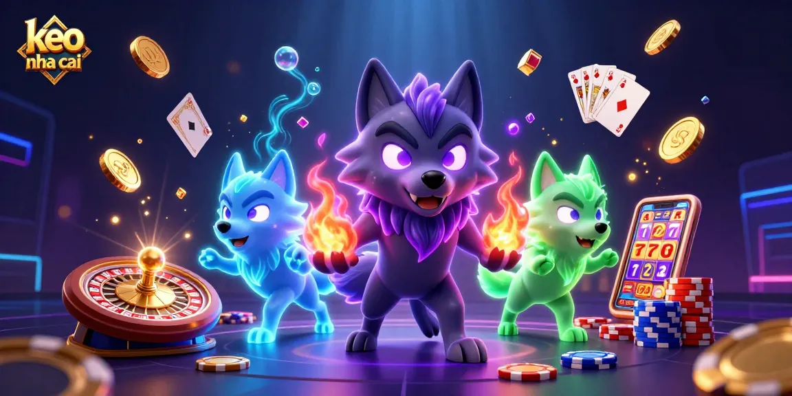Place bets at keo nha cai with glowing wolves, floating gems, and lively casino elements.