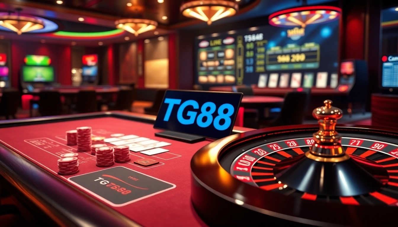Engaging TG88 online casino scene showcasing strategic blackjack play with vibrant poker chips and digital betting interface
