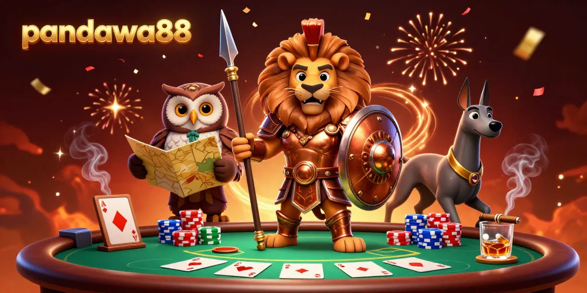 Pandawa88 players enjoying a vibrant poker game scene with a Spartan lion hero and energetic companions.