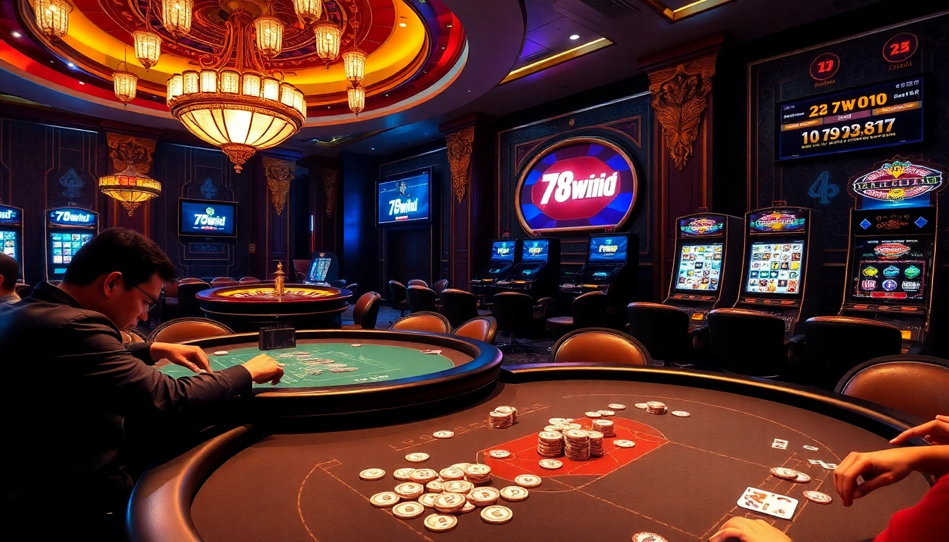 Dynamic players at a poker table immerse in a thrilling game at 78win01 casino.