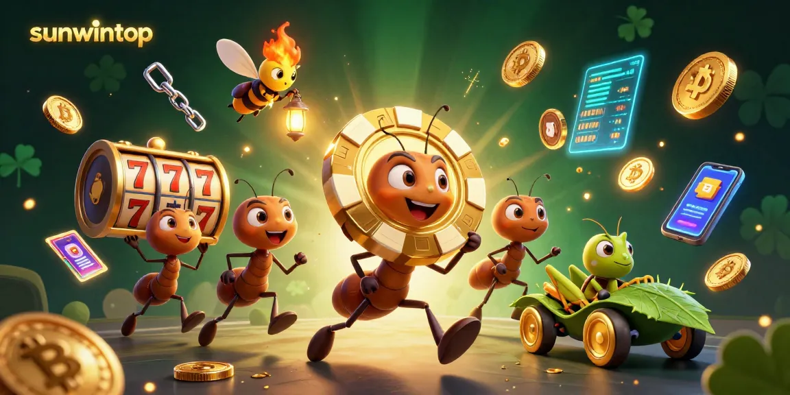 Win big with sunwintop as ants carry massive poker chips alongside crypto coins in a vibrant casino heist scene.