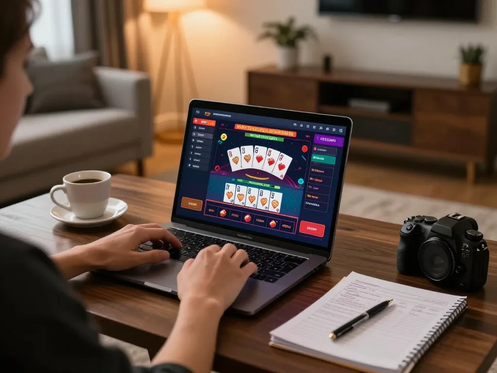 Engaged player utilizing Game bai doi thuong online platform for strategic gameplay at home.