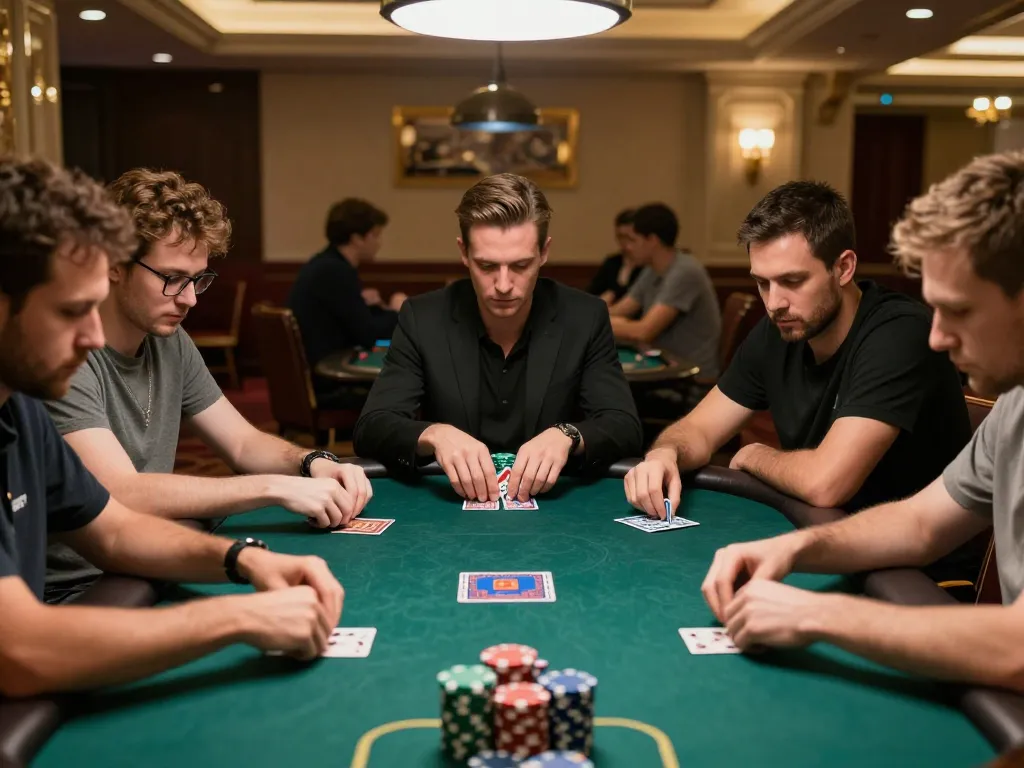High-stakes poker match at an upscale casino showcasing players engrossed in the game with 789club branding.