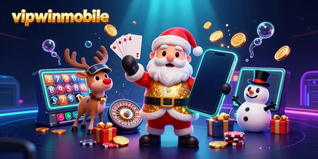 Engaging 3D cartoon scene showcasing vipwinmobile featuring Santa with a jackpot slots smartphone.