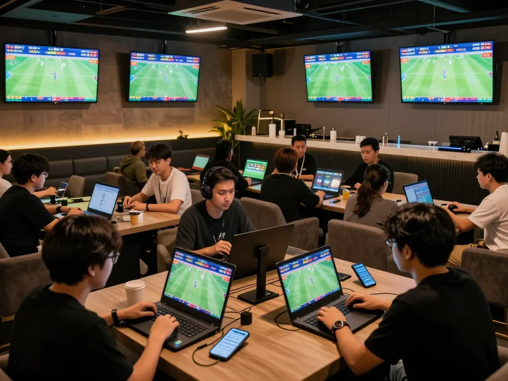Cá Độ Bóng Đá Online session with bettors analyzing sports odds in a vibrant lounge