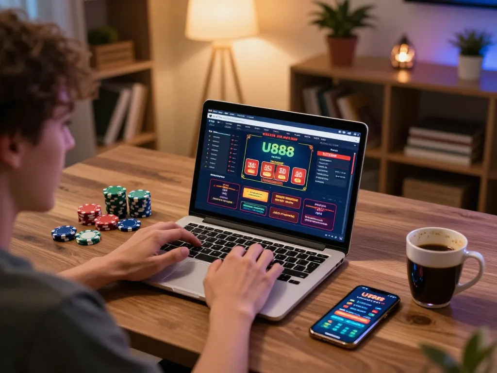 Player engaging with U888 casino games on laptop, showcasing an exciting online gambling experience