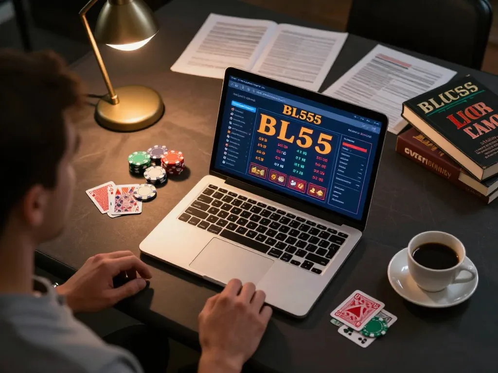 Engaging online gambling scene showing BL555 casino interface with chips and cards on the desk.