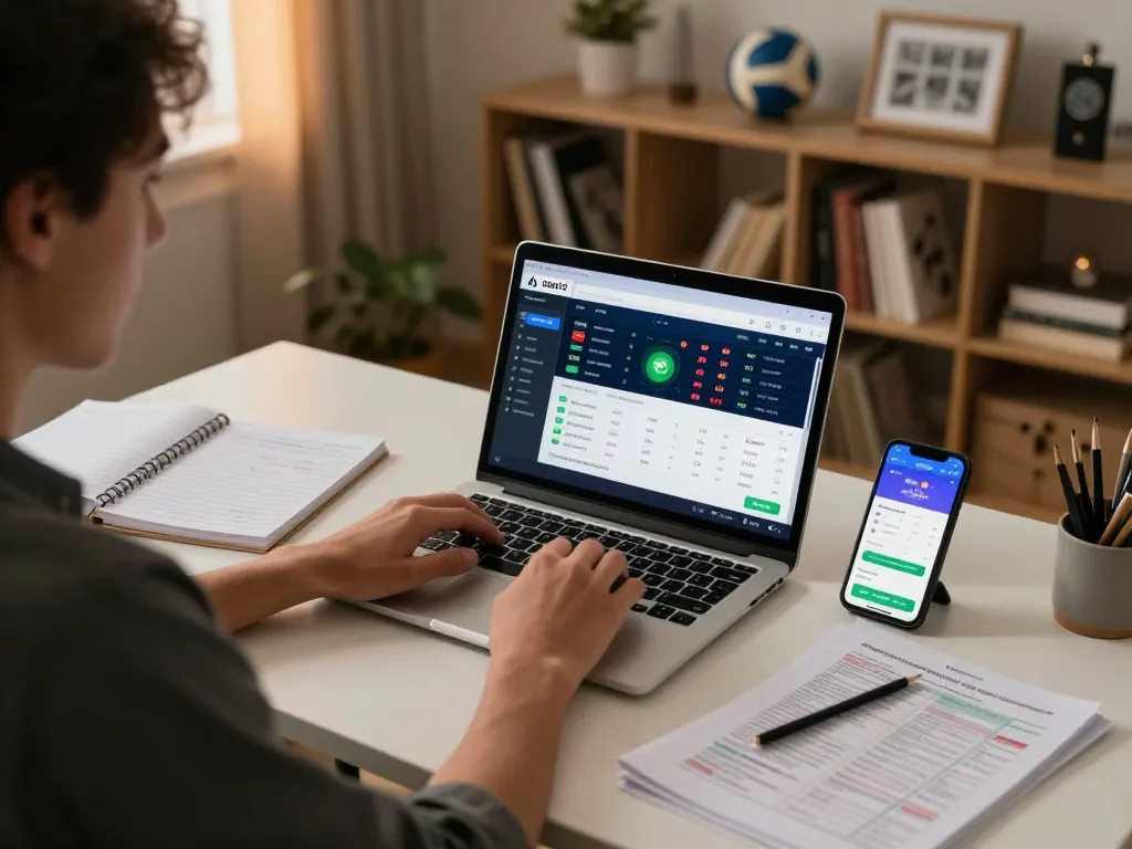 A person placing bets on nowgoal123 live sports scores in a modern home office.