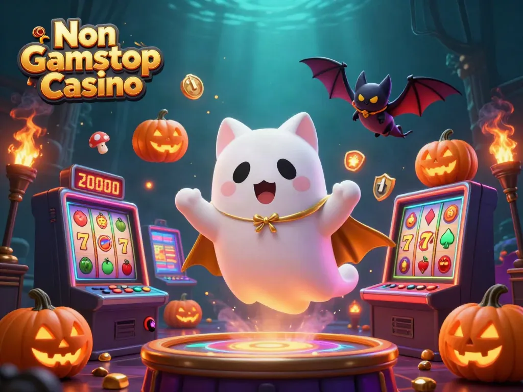 Play exciting games at Non Gamstop Casino, featuring a ghost cat and vampire bat navigating a haunted casino.