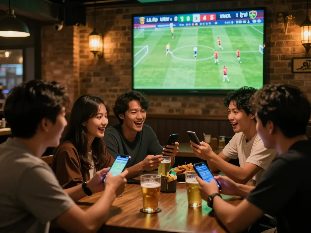 Tỷ lệ kèo nhà cái 5 featured as friends cheer during exciting sports betting experience in vibrant pub atmosphere