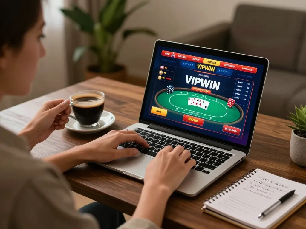 Engaging scene of a person playing VIPWIN casino games on a laptop at home.