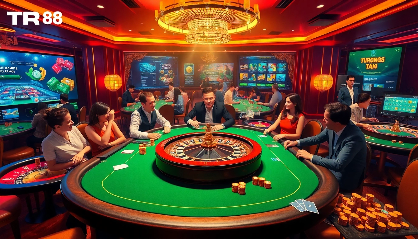Experience the thrill of gambling at TR88.autos, featuring a vibrant casino scene with roulette and poker.