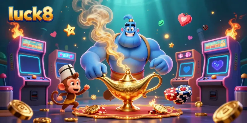 Engage with luck8's thrilling casino experience featuring a busy scene of animated gaming elements.