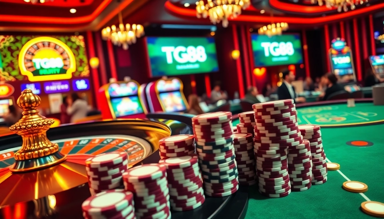 Experience the excitement of TG88 in a vibrant casino scene showcasing roulette, slots, and poker.