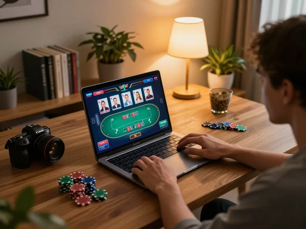 Player enjoying online gaming at 888top with a poker interface on laptop.