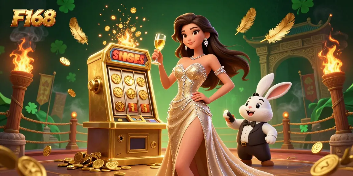 Celebrate big wins at F168 with an energetic casino scene full of gold coins and vibrant decorations.